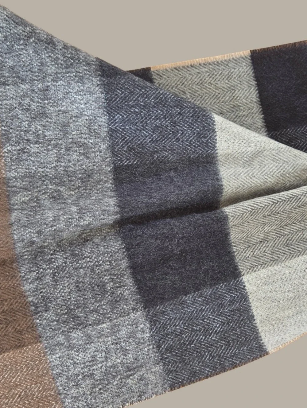 Fraas Plaid Scarf Made in Germany Brown Gray Black Taupe Unisex Fringe 14 x 70
